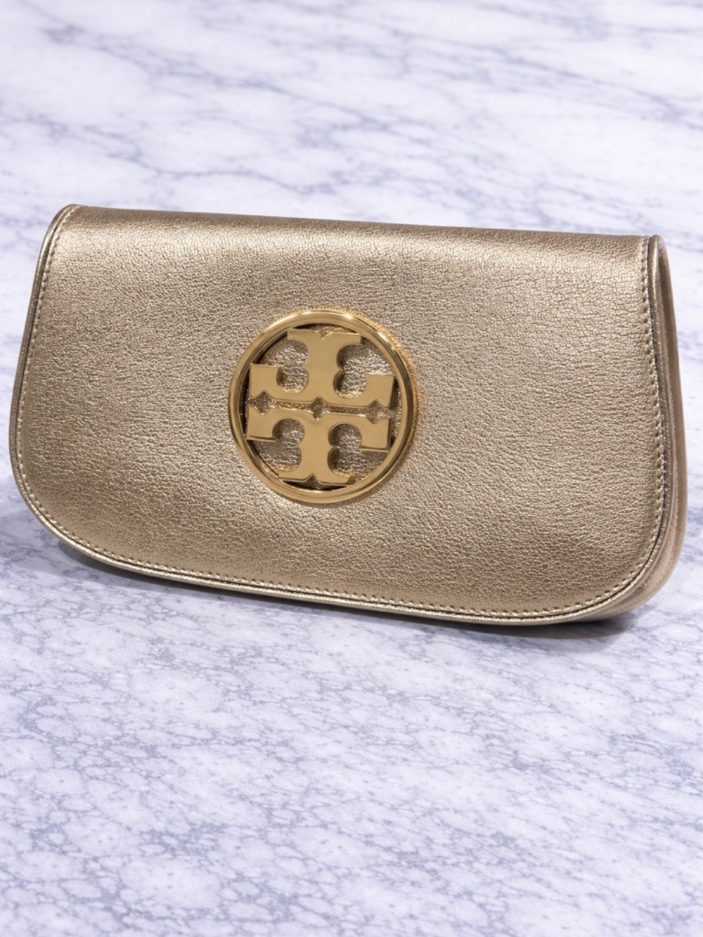 Tory Burch Shimmery Gold Logo Wristlet Clutch